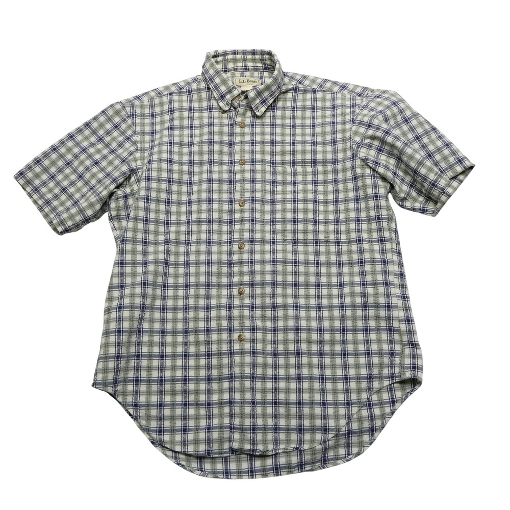 Vintage L.L. Bean Shirt Mens Medium Blue Green Plaid Short Sleeve Made USA 90s‎
